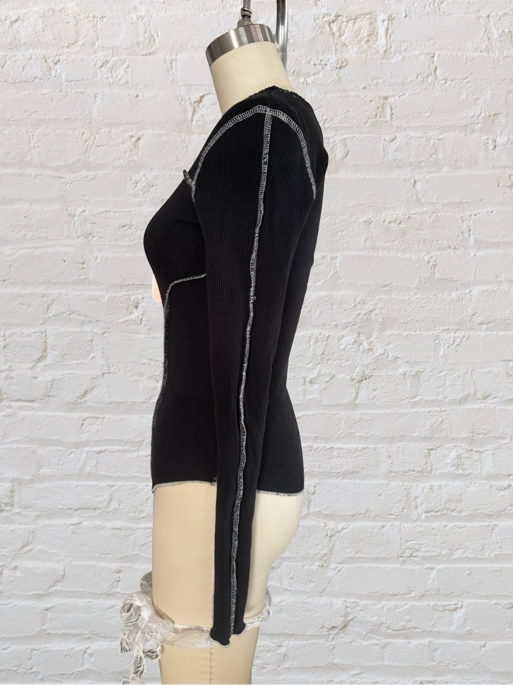 Urban Outfitters Black Ribbed Long-Sleeve Top with Contrast Stitching